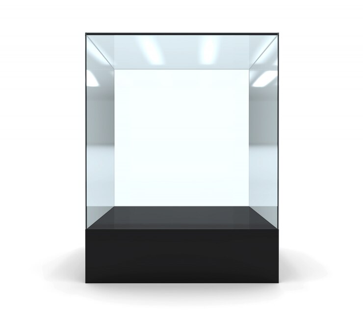 Foto ilustração 3d da vitrine de vidro vazio na frente