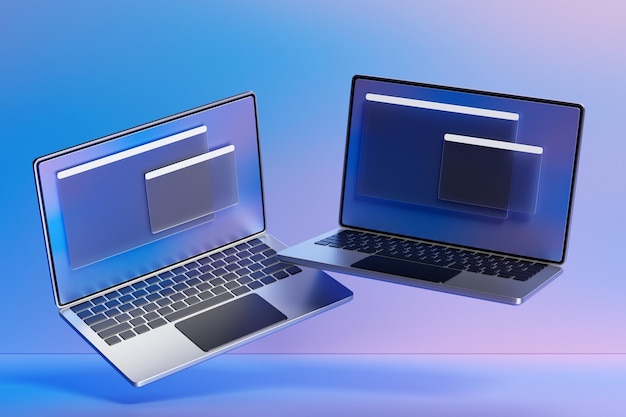 Ilustração 3D de 2 laptops com uma guia do navegador aberta na tela Pesquisar na interface do usuário de pesquisa de modelo da Internet