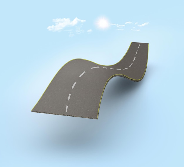 Ilustração 3D de anúncio de estrada de viagem e férias, anúncios isolados de estrada e rodovia de dobra