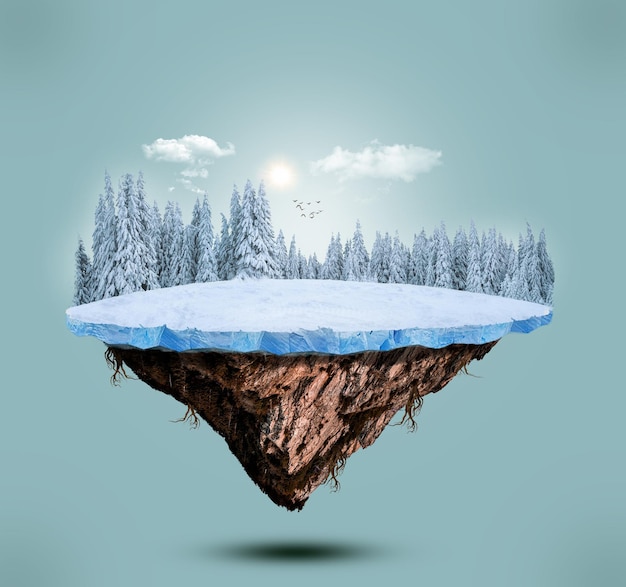 Ilustração 3D de anúncio de paisagem nevada. estrada de neve isolada. Fundo de viagens e férias.