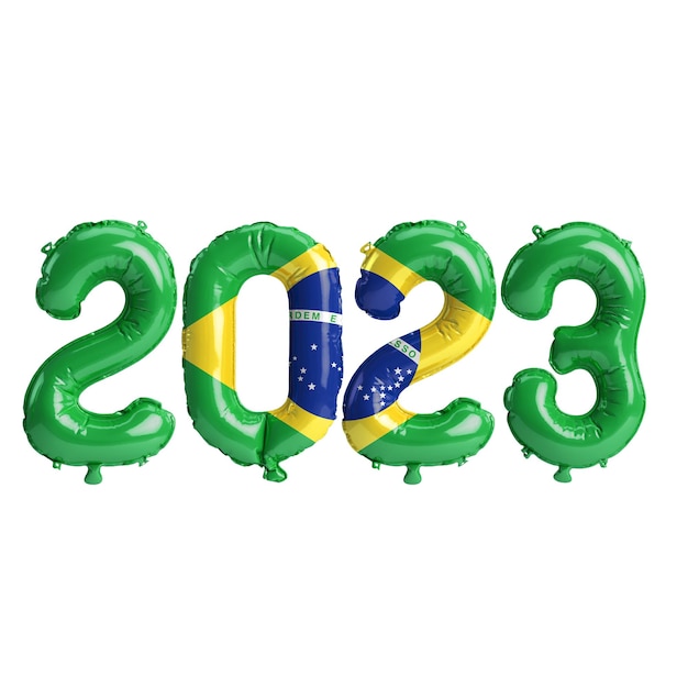 ilustração 3D de balões de 2023 anos com a bandeira do Brasil isolada no fundo branco