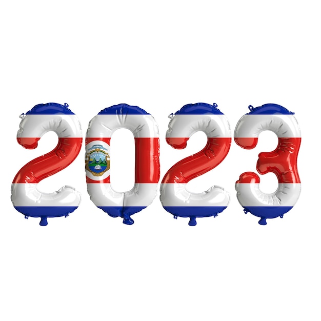 ilustração 3D de balões de 2023 anos com bandeira da Costa Rica isolada no fundo branco