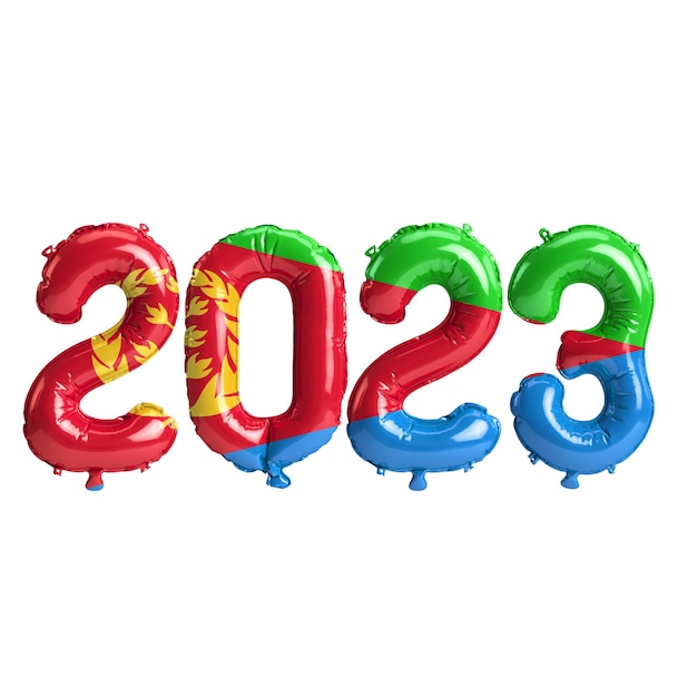 ilustração 3D de balões de 2023 anos com bandeira da Eritreia isolada no fundo branco