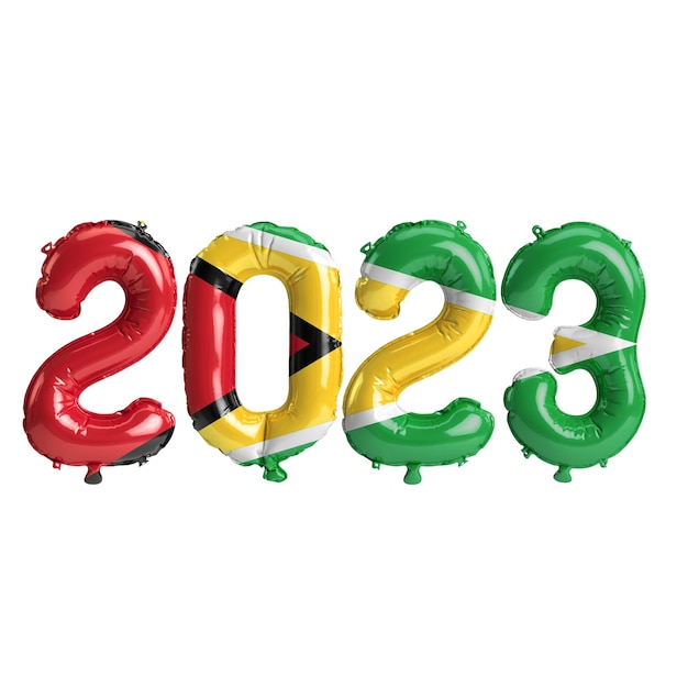 ilustração 3D de balões de 2023 anos com bandeira da Guiana isolada no fundo branco