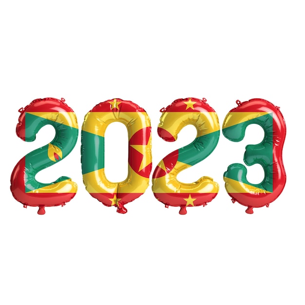 Foto ilustração 3d de balões de 2023 anos com bandeira de granada isolada no fundo branco
