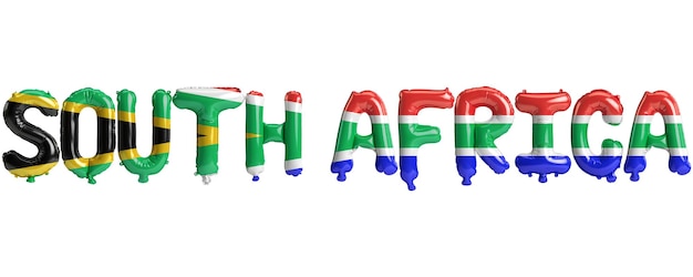 ilustração 3D de balões de letras da África do Sul com cores de bandeiras isoladas em branco