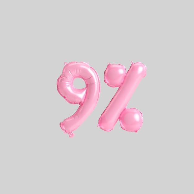 ilustração 3D de balões rosa de 9 por cento isolados no fundo