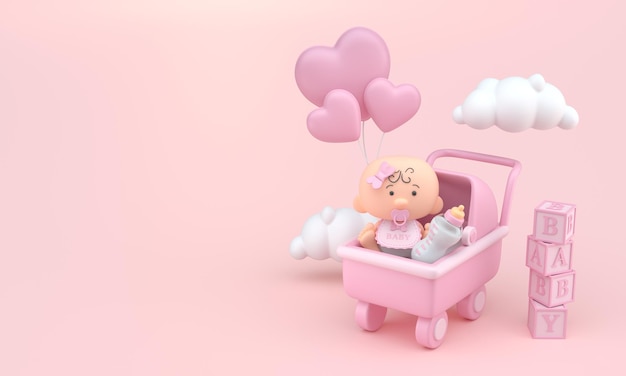 Ilustração 3D de bebê em carrinho