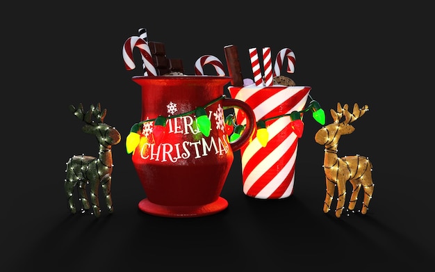 Ilustração 3D de bebidas de Natal, bebidas, coquetéis, jarro vermelho e vidro, chocolate ou cacau.