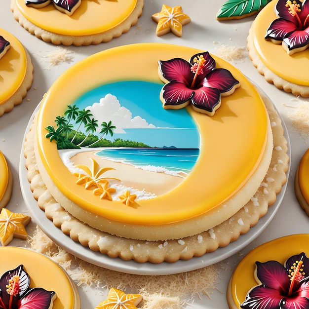 Ilustração 3D de biscoitos com praia tropical e mar ao fundo