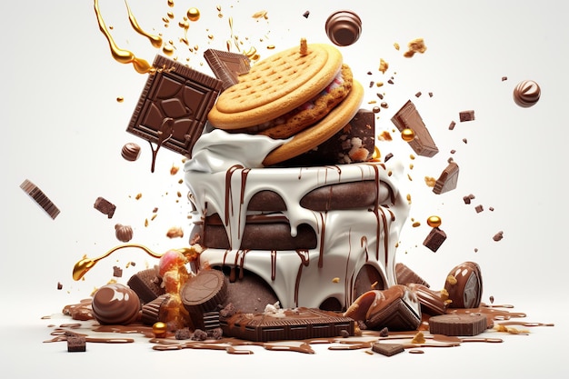 Ilustração 3D de biscoitos com sorvete de chocolate derretido