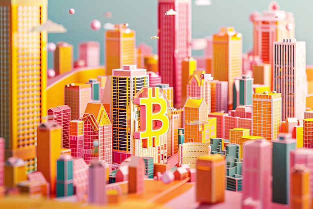 Ilustração 3D de bitcoin ao redor da cidade em fundo bokeh