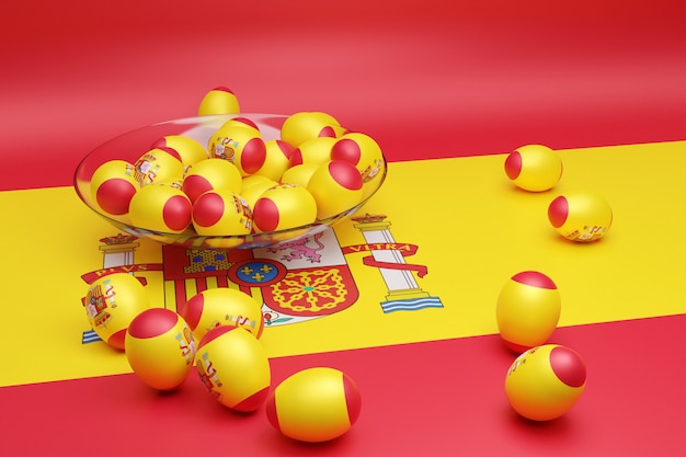 Ilustração 3D de bolas com a imagem da bandeira nacional da Espanha