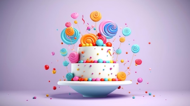 Ilustração 3D de bolo de aniversário fofo, bolo doce para um aniversário surpresa, para aniversário e celebração, dia das mães, dia dos namorados, comida doce, cupcake, ilustração Generative AI