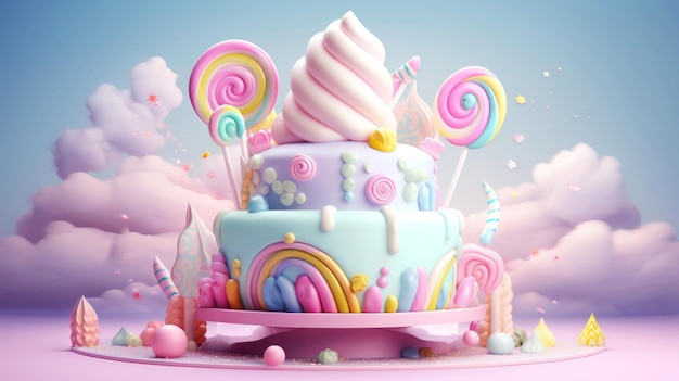 Ilustração 3D de bolo de aniversário fofo, bolo doce para um aniversário surpresa, para aniversário e celebração, dia das mães, dia dos namorados, comida doce, cupcake, ilustração Generative AI