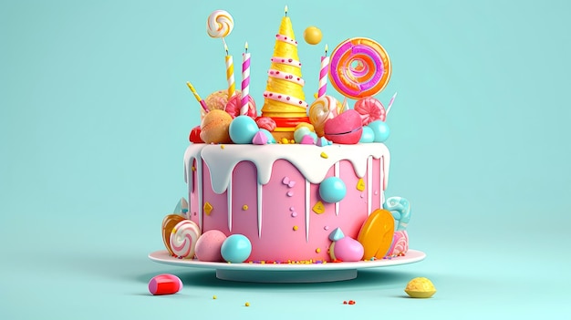 Ilustração 3D de bolo de aniversário fofo, bolo doce para um aniversário surpresa, para aniversário e celebração, dia das mães, dia dos namorados, comida doce, cupcake, ilustração Generative AI