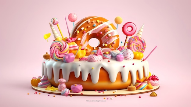 Ilustração 3D de bolo de aniversário fofo, bolo doce para um aniversário surpresa, para aniversário e celebração, dia das mães, dia dos namorados, comida doce, cupcake, ilustração Generative AI