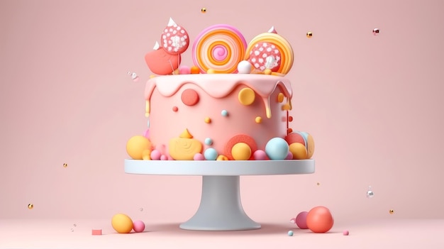 Ilustração 3D de bolo de aniversário fofo, bolo doce para um aniversário surpresa, para aniversário e celebração, dia das mães, dia dos namorados, comida doce, cupcake, ilustração Generative AI