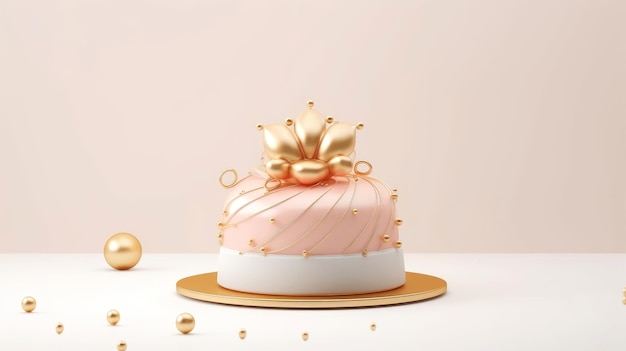 Ilustração 3D de bolo de aniversário fofo dourado, bolo doce para um aniversário surpresa, para aniversário e celebração, dia das mães, dia dos namorados, bolo, cupcake, ilustração generativa de IA