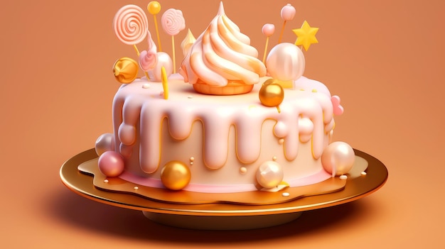 Ilustração 3D de bolo de aniversário fofo dourado, bolo doce para um aniversário surpresa, para aniversário e celebração, dia das mães, dia dos namorados, bolo, cupcake, ilustração generativa de IA