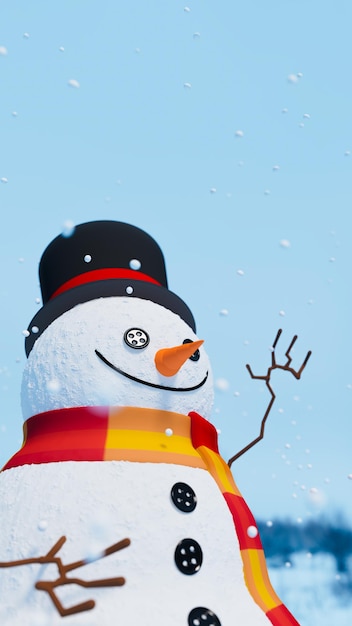 Ilustração 3D de boneco de neve usando lenço e chapéu ao ar livre tema de Natal e diversão