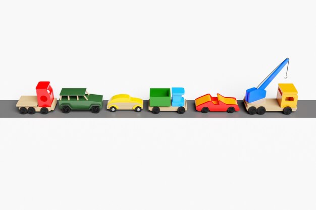 Ilustração 3D de brinquedos infantis de um carro multicolorido jipe caminhão basculante conversível e guindaste