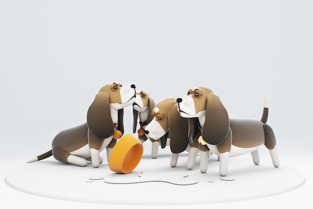 Ilustração 3d de cães derramando leite