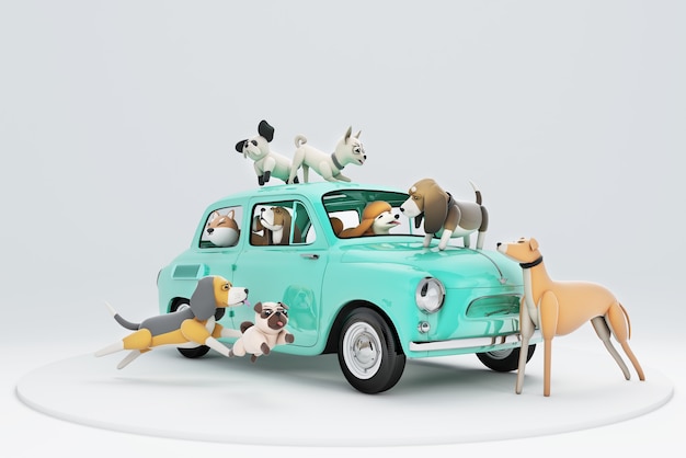 Ilustração 3D de cães que vão viajar de carro