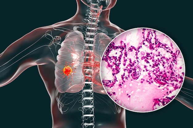 Ilustração 3D de câncer de pulmão e foto sob microscópio Micrografia de luz mostrando adenocarcinoma de pulmão