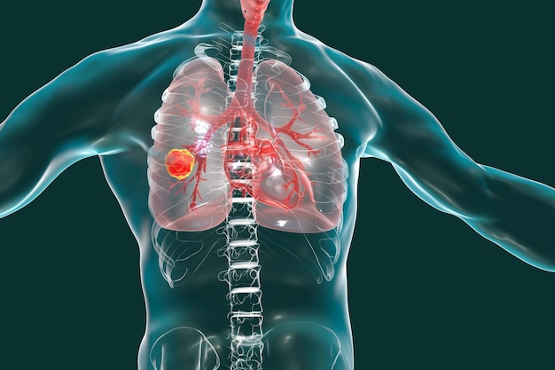 Ilustração 3D de câncer de pulmão mostrando tumor maligno no