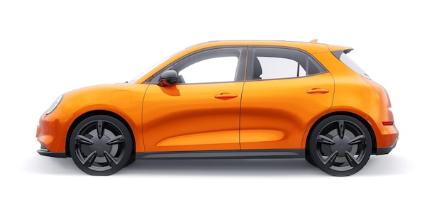 Ilustração 3d de carro elétrico hatchback laranja fofo