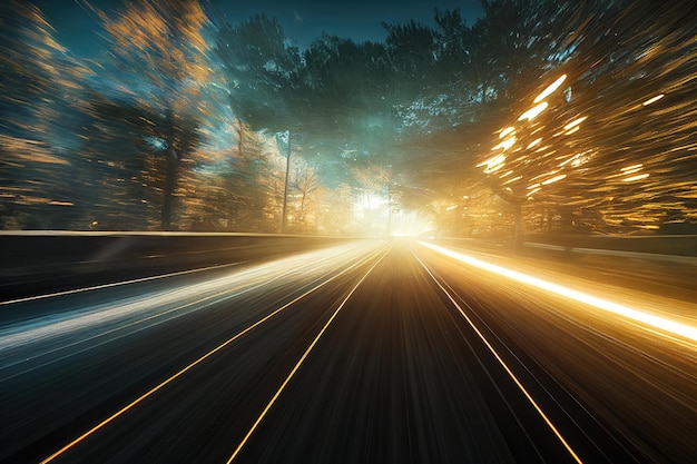 Foto ilustração 3d de carro genérico de alta velocidade dirigindo na pista perto da floresta