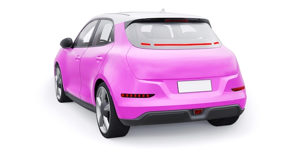 Ilustração 3D de carro hatchback elétrico rosa fofo