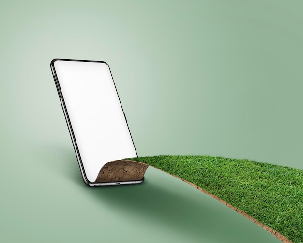 ilustração 3D de celular com conceito criativo de agricultura isolada de campo de grama