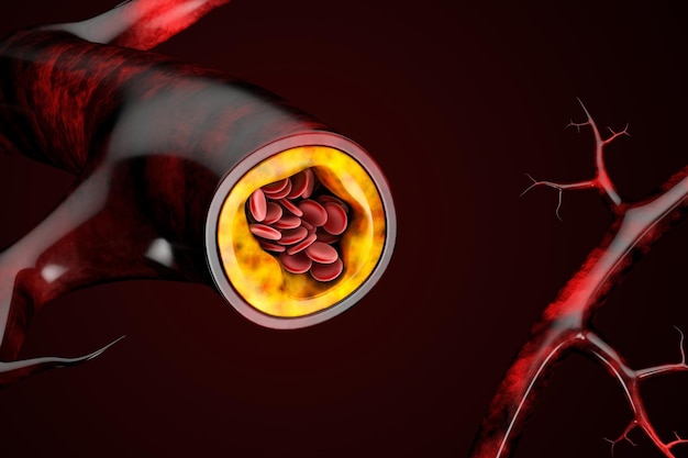 Ilustração 3D de células sanguíneas com acúmulo de placas de colesterol