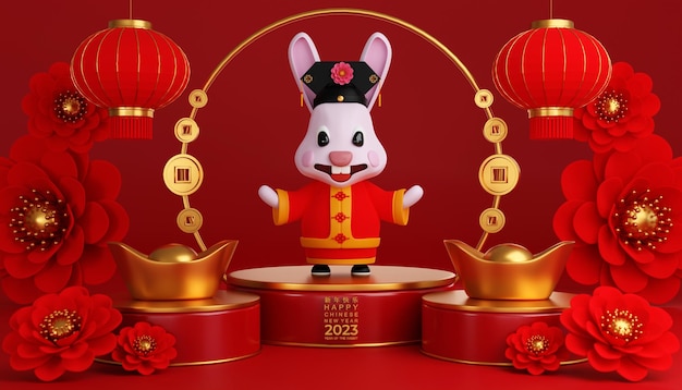 ilustração 3d de coelhos fofos para feliz ano novo chinês 2023