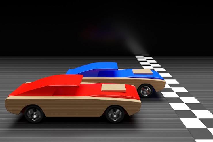 Foto ilustração 3d de corrida de carros com carros infantis lute na linha de chegada de duas crianças de corrida