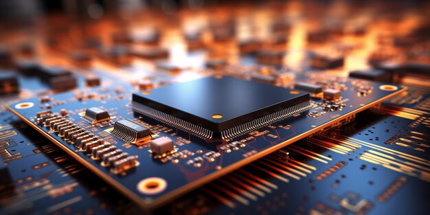 Ilustração 3D de CPU em placa-mãe placa de microcircuito eletrônico com processador em close-up