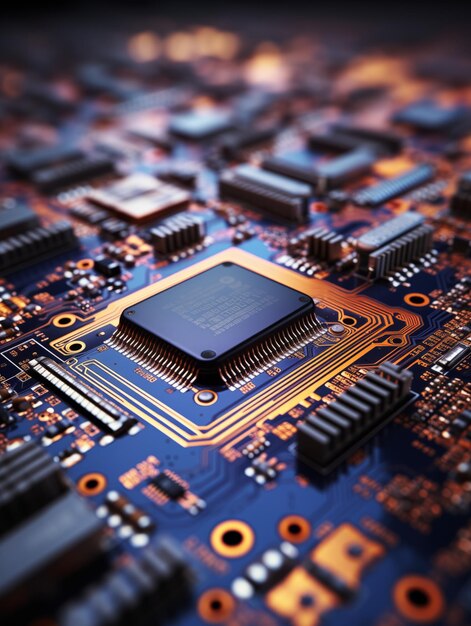 Ilustração 3D de CPU em placa-mãe placa de microcircuito eletrônico com processador em close-up