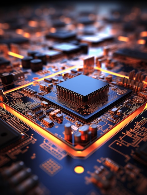 Ilustração 3D de CPU em placa-mãe placa de microcircuito eletrônico com processador em close-up