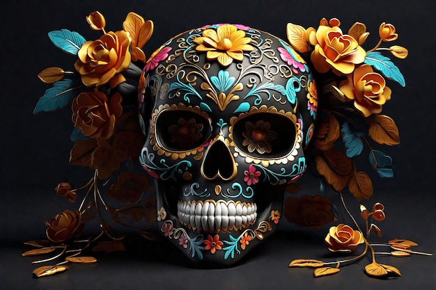Ilustração 3D de crânio de açúcar com ornamento floral em fundo preto Festa do Dia dos Mortos