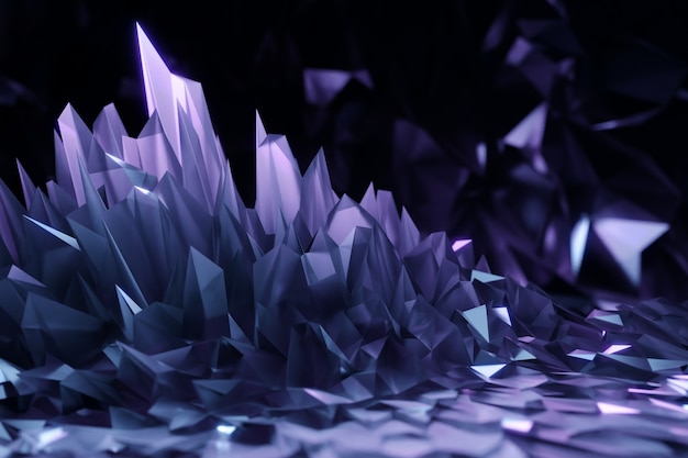 Ilustração 3D de cristal roxo, efeito de luz de reflexos e refrações. Padrão de sobreposição para plano de fundo.