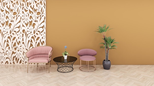 Ilustração 3d de design de interiores de quarto bonito moderno com poltrona rosa