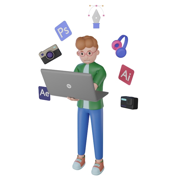 Ilustração 3D de designer gráfico profissional trabalhando no laptop