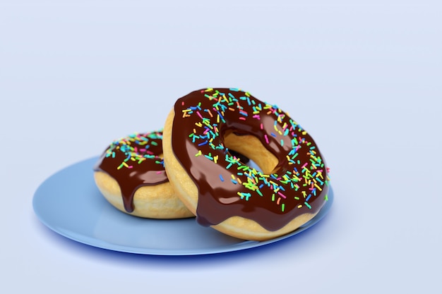 Ilustração 3D de dois donuts de chocolate com granulado multicolorido em um prato clássico azul isolado