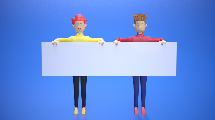Foto ilustração 3d de dois empresários segurando um quadro branco em branco seu texto aqui