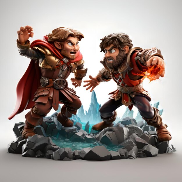 Ilustração 3D de dois guerreiros de fantasia lutando sobre um fundo de pedra