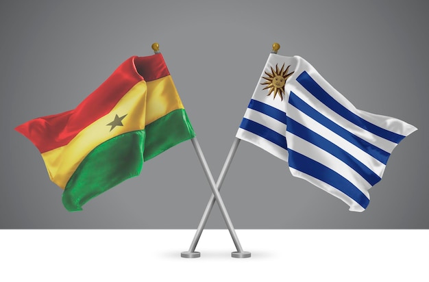 Ilustração 3D de duas bandeiras cruzadas de Gana e Uruguai