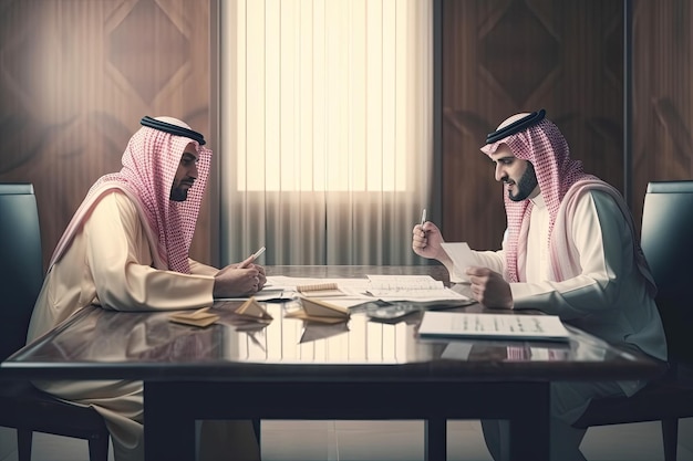 Ilustração 3D de duas pessoas do Golfo da Arábia Saudita negociam em imóveis gerados por IA