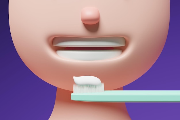 Ilustração 3d de escova de dentes de pasta de dentes e rosto sorridente